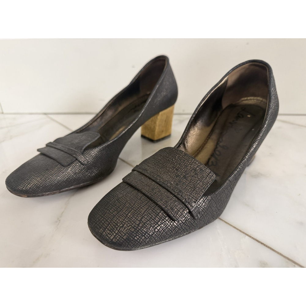 LANVIN Metallic Black Gold Block Heel Pumps Size 38 US 7 Women Leather Heels 2”